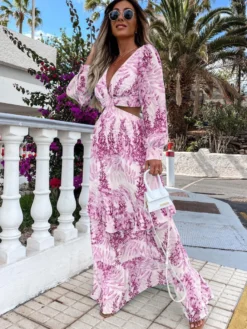 Robe longue maxi à imprimé feuilles découpées pour femme - Robe longue tropicale à manches lanternes col en V et volants - Collection printemps-été 2026