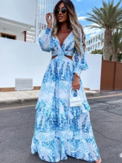 Robe longue maxi à imprimé feuilles découpées pour femme - Robe longue tropicale à manches lanternes col en V et volants - Collection printemps-été 2026
