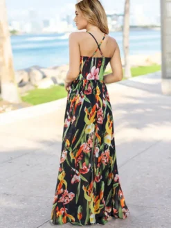Robe longue maxi à imprimé floral tropical pour femme - Robe d'été dos nu à col en V et imprimé feuilles - Vacances d'été à la plage 2026