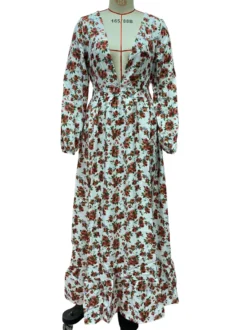 Robe longue maxi à manches longues et imprimé floral - Robe rose bohème fluide à col en V et volants - Idéale pour les vacances de printemps à la plage (2026)