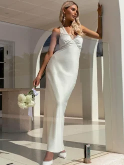 Robe longue maxi minimaliste dos nu à col V profond pour femme - Robe longue sans manches - Soirée cocktail d'été 2026