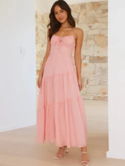Robe longue maxi à volants pour femme - Robe nuisette longue trapèze à nouer sur le devant et buste froncé - Idéale pour les invitées aux mariages d'été à la plage (collection 2026)
