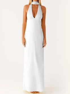 Robe longue minimaliste dos nu sans manches à col halter pour femme - Élégante robe de bal dos nu avec foulard - Soirée formelle d'été 2026