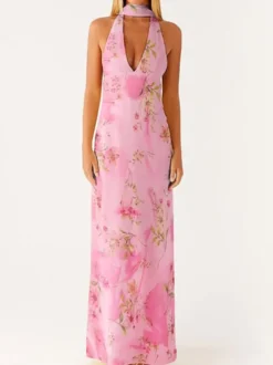 Robe longue minimaliste dos nu sans manches à col halter pour femme - Élégante robe de bal dos nu avec foulard - Soirée formelle d'été 2026