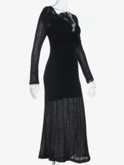 Robe longue moulante à col en V pour femme - Noire sexy à volants et découpes - Tenue idéale pour les fêtes et mariages de printemps 2026