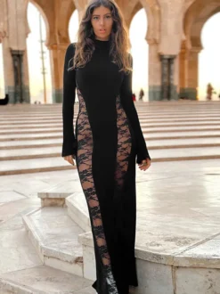 Robe longue moulante en dentelle noire à empiècements et col montant pour femme 2026