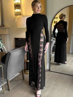 Robe longue moulante en dentelle noire à empiècements et col montant pour femme 2026