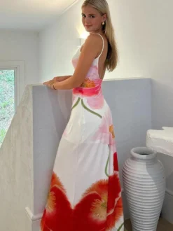 Robe longue moulante à imprimé floral pour femme - Robe sirène coupe slim à fines bretelles - Collection été 2026