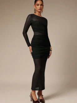 Robe longue moulante à manches longues et empiècements en maille froncée pour femme 2026