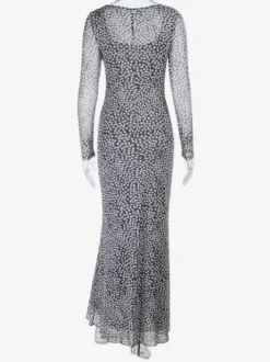 Robe longue moulante à pois en maille pour femme - Col carré rétro manches longues - Chic français idéale pour les vacances de printemps 2026
