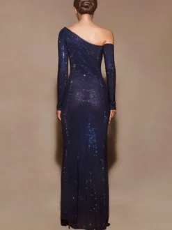 Robe longue moulante transparente avec coupe asymétrique épaules dénudées manches longues robe de club sexy pour femmes 2026
