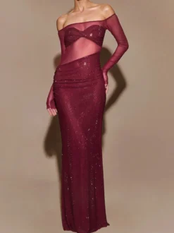 Robe longue moulante transparente avec coupe asymétrique épaules dénudées manches longues robe de club sexy pour femmes 2026