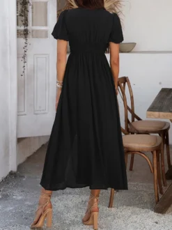 Robe longue noire pour femme dos nu boutons manches courtes col en V taille haute