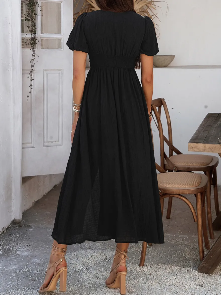 Robe longue noire pour femme dos nu boutons manches courtes col en V taille haute