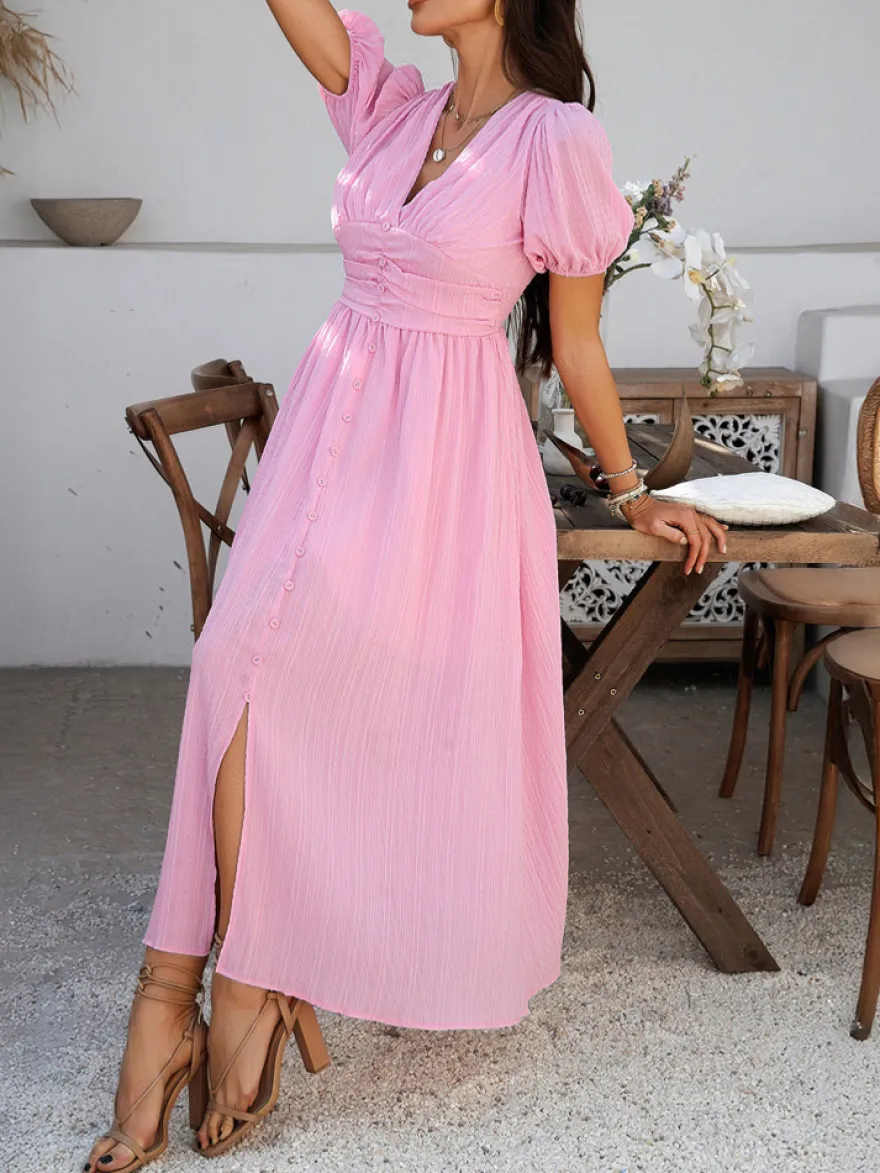Robe longue noire pour femme dos nu boutons manches courtes col en V taille haute