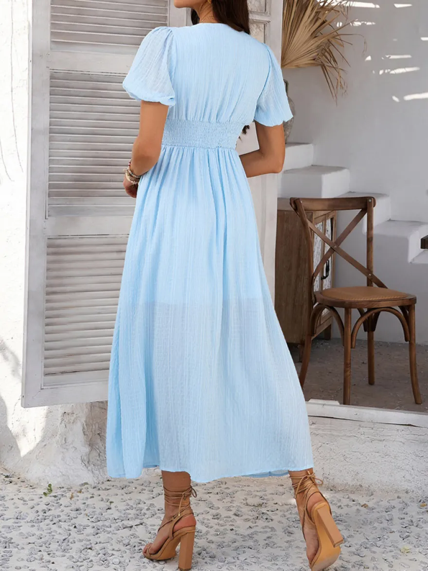 Robe longue noire pour femme dos nu boutons manches courtes col en V taille haute