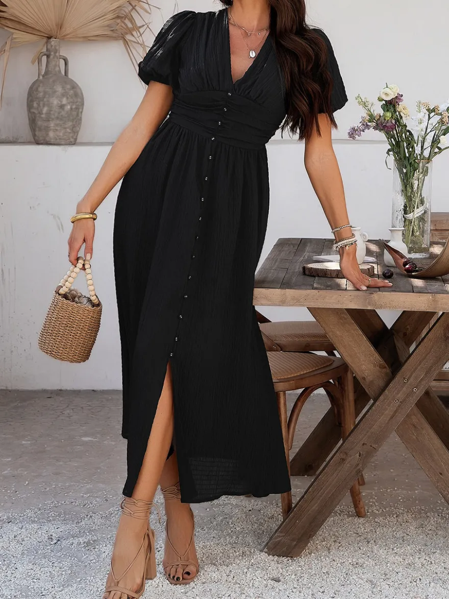 Robe longue noire pour femme dos nu boutons manches courtes col en V taille haute