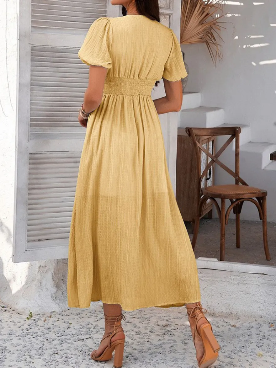 Robe longue noire pour femme dos nu boutons manches courtes col en V taille haute