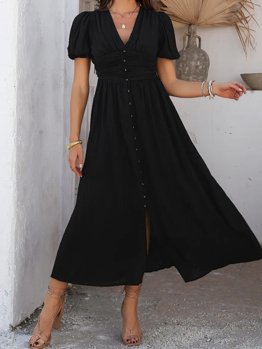 Robe longue noire pour femme dos nu boutons manches courtes col en V taille haute