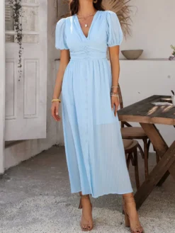 Robe longue noire pour femme dos nu boutons manches courtes col en V taille haute