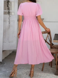 Robe longue noire pour femme dos nu boutons manches courtes col en V taille haute
