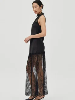 Robe longue noire sans manches à col rond bicolore Daily Dresses pour femme