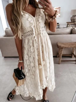 Robe longue nuisette bohème en dentelle pour femme - Robe d'été asymétrique à franges et col en V - Vacances d'été à la plage 2026