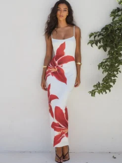 Robe longue nuisette à imprimé floral pour femme - Robe moulante sexy sans manches avec fente au dos - Vacances d'été à la plage 2026