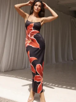 Robe longue nuisette à imprimé floral pour femme - Robe moulante sexy sans manches avec fente au dos - Vacances d'été à la plage 2026