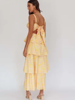 Robe longue nuisette à volants imprimée de fleurs pour femme - Robe d'été bohème à bretelles et à volants - Vacances d'été à la plage 2026