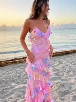 Robe longue nuisette à volants étagés pour femme - Robe d'été sans manches à dos nu et col en V ornée de fleurs - Idéale pour les vacances d'été à la plage 2026