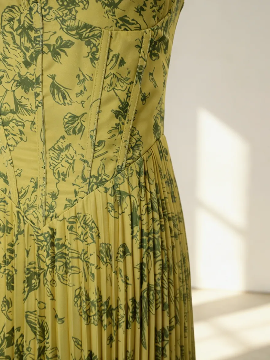 Robe longue plissée à bretelles spaghetti et imprimé vintage