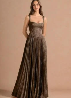 Robe longue plissée à bretelles spaghetti et imprimé vintage