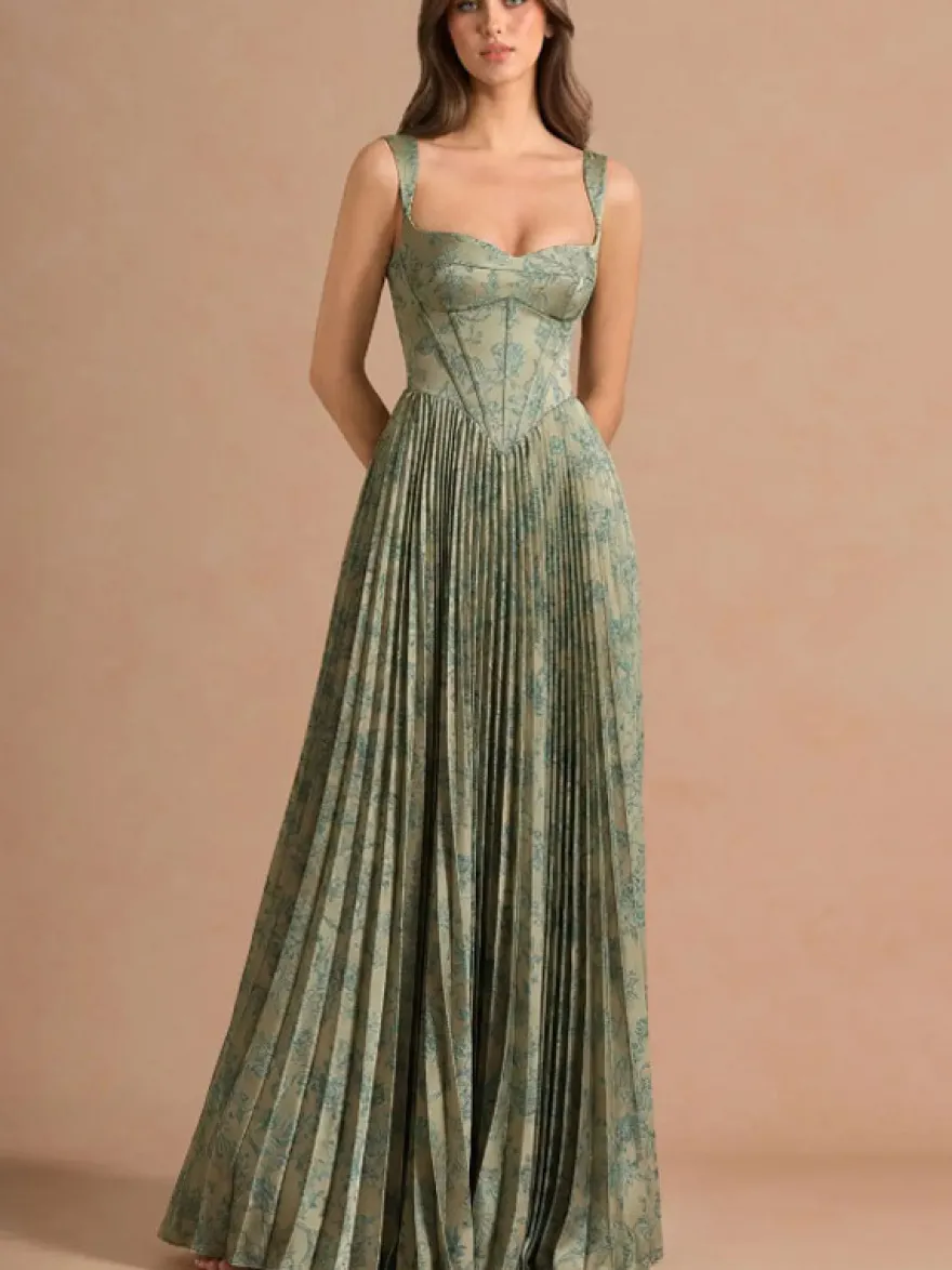 Robe longue plissée à bretelles spaghetti et imprimé vintage