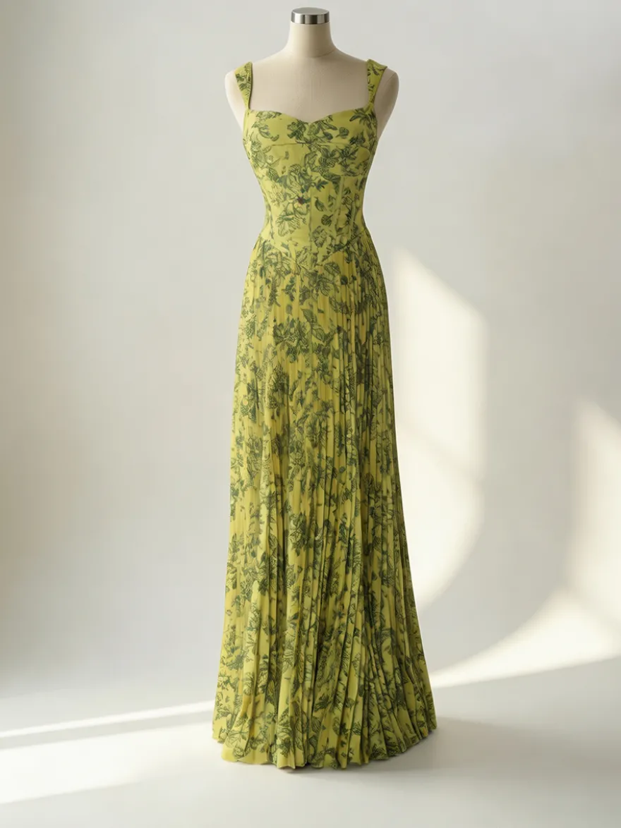 Robe longue plissée à bretelles spaghetti et imprimé vintage