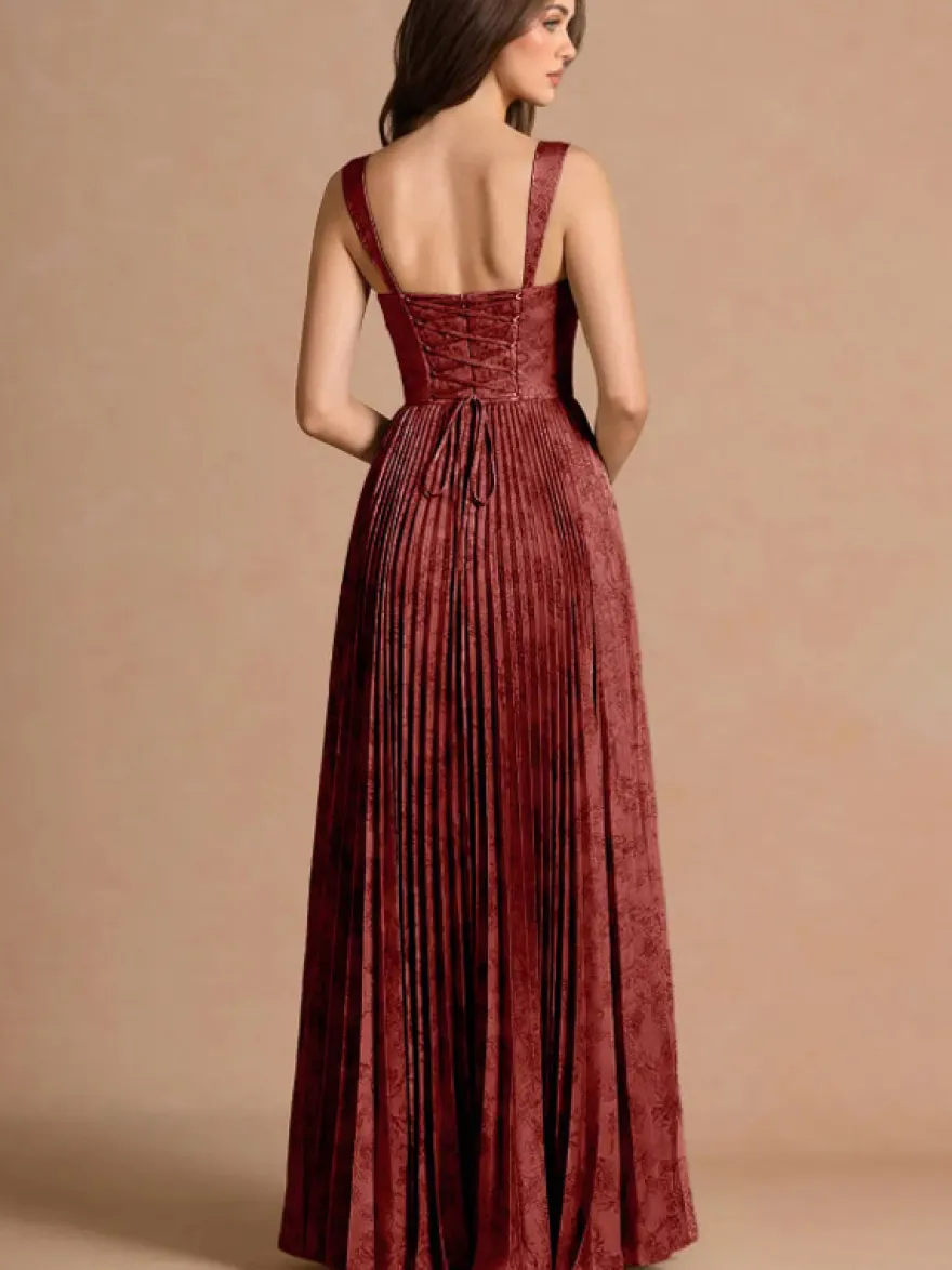 Robe longue plissée à bretelles spaghetti et imprimé vintage