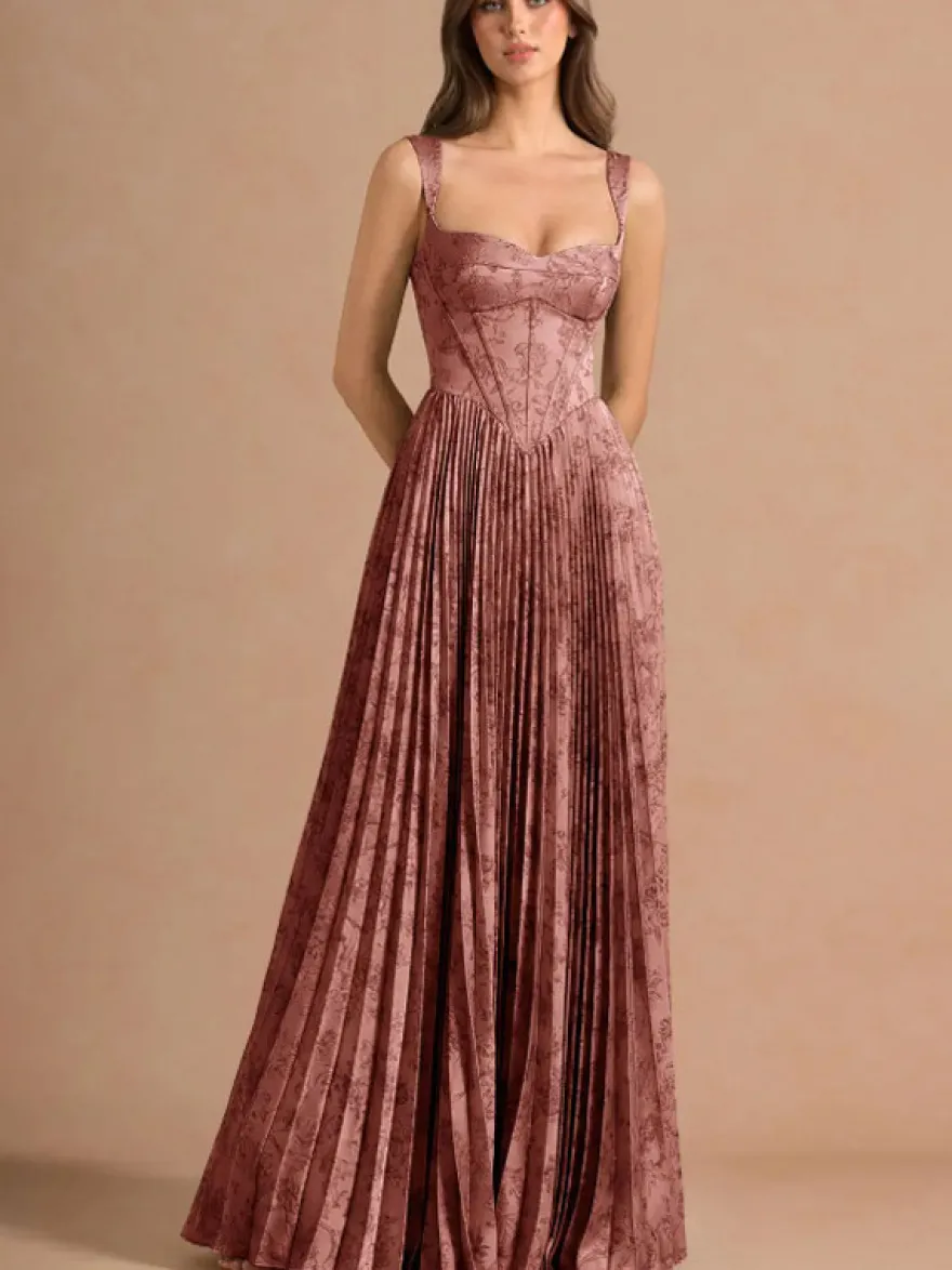 Robe longue plissée à bretelles spaghetti et imprimé vintage