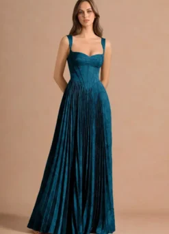 Robe longue plissée à bretelles spaghetti et imprimé vintage