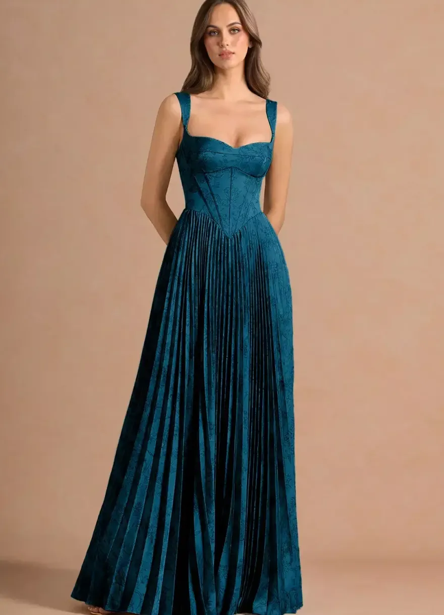 Robe longue plissée à bretelles spaghetti et imprimé vintage