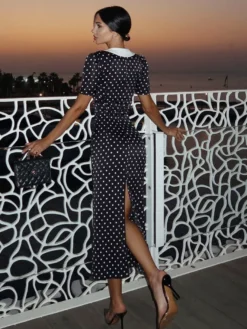Robe longue à pois pour femme - Robe crayon moulante noire vintage à col Claudine - Idéale pour une soirée d'été (2026)