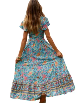Robe longue portefeuille bohème à fleurs - Robe longue bleue à col V et fente haute - Vacances d'été à la plage 2026