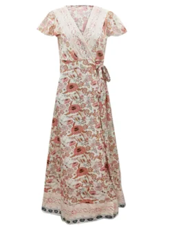 Robe longue portefeuille bohème à imprimé floral pour femme - Robe crème à manches courtes col en V et imprimé ethnique - Idéale pour les vacances d'été à la plage 2026