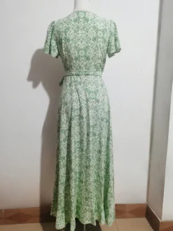 Robe longue portefeuille à manches courtes style bohème fleuri - Col en V ceinture coupe asymétrique fluide - Idéale pour les vacances d'été à la plage 2026