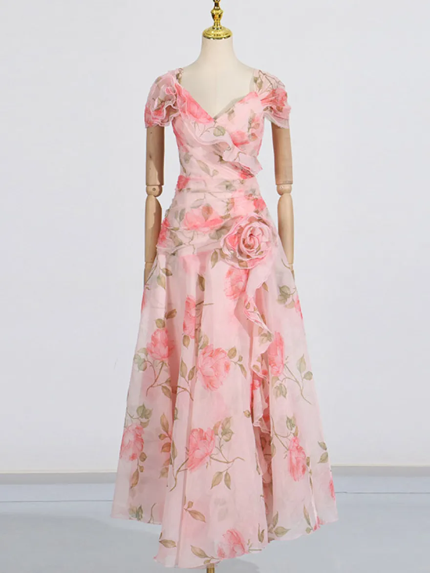 Robe longue rose à fleurs et épaules dénudées pour femme style élégant pour les soirées