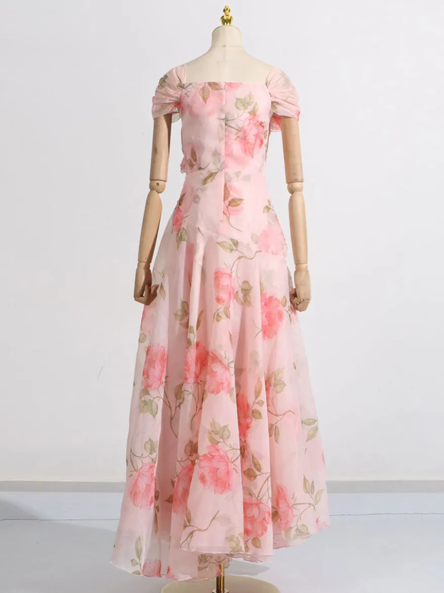 Robe longue rose à fleurs et épaules dénudées pour femme style élégant pour les soirées