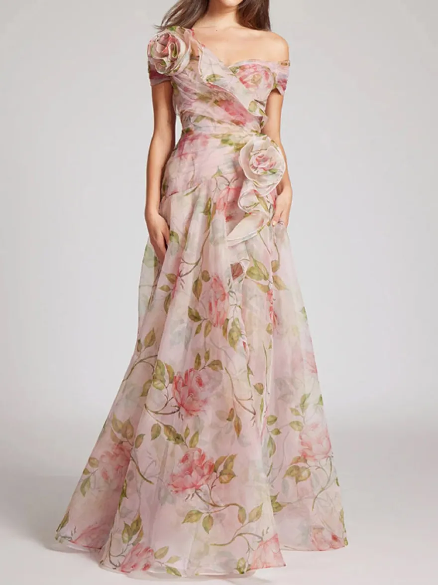 Robe longue rose à fleurs et épaules dénudées pour femme style élégant pour les soirées