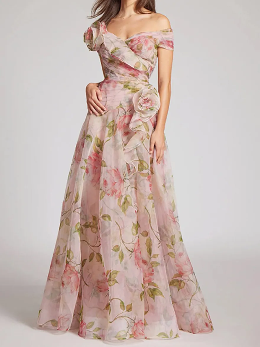 Robe longue rose à fleurs et épaules dénudées pour femme style élégant pour les soirées