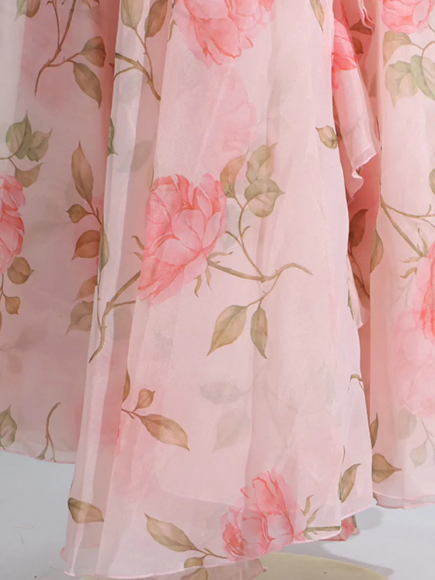 Robe longue rose à fleurs et épaules dénudées pour femme style élégant pour les soirées