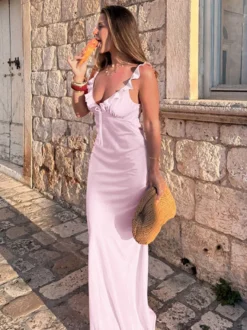 Robe longue rose pâle pour femme - Élégante robe à volants col en V et nœud sur le devant - Robe de plage d'été style coquette 2026