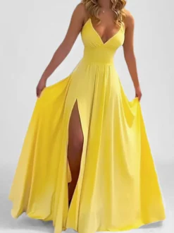 Robe longue rose poudré à col en V et bretelles fendue jusqu'à la cuisse pour femme